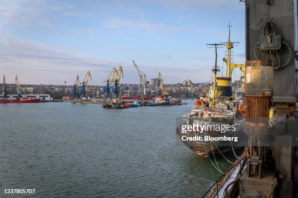 Ships docked at the Port of Mariupol in Mariupol, Ukraine, on Thursday, Jan. 13, 2022. Mariupol Mayor Vadym Boichenko said the city, just miles from...
