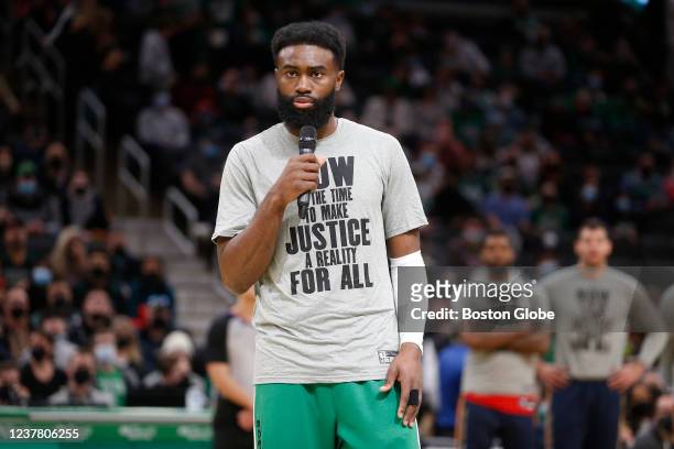 Celtics Jaylen Brown addresses the crowd about racial injustice on MLK Day. The Boston Celtics host the New Orleans Pelicans in an NBA game at TD...