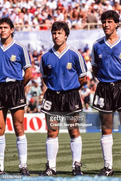 Jorge Burruchaga, Julio Olarticoechea and Ricardo Giusti of Argentina during the FIFA World Cup Quarter-Final match between Argentina and Yugoslavia,...