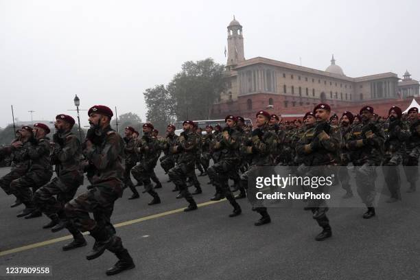 Indian Army's Para SF practise march during the rehearsals for the upcoming Republic Day parade on a foggy winter morning, in New Delhi, India on...