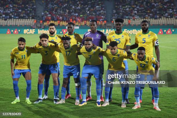 The Gabon team pose for a team photo during the Group C Africa Cup of Nations 2021 football match between Gabon and Morocco at Stade Ahmadou Ahidjo...