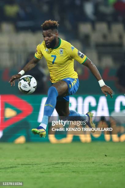 Gabon's forward Aaron Boupendza controls the ball during the Group C Africa Cup of Nations 2021 football match between Gabon and Morocco at Stade...