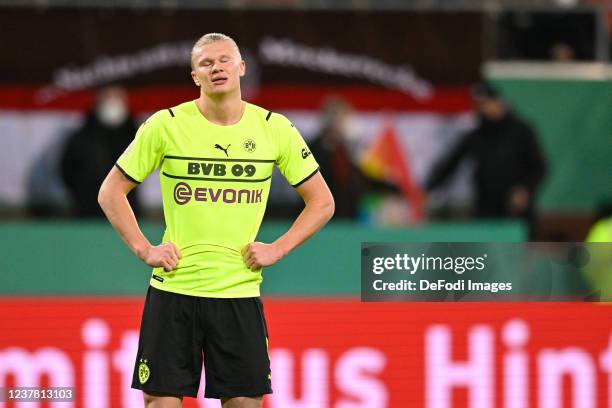 Erling Haaland of Borussia Dortmund looks dejected during the DFB Cup round of sixteen match between FC St Pauli and Borussia Dortmund at Millerntor...