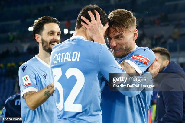 Ciro Immobile of SS Lazio and Danilo Cataldi of SS Lazio celebrate after scoring their team's first goal during the Coppa Italia match between SS...