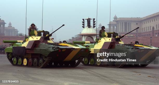 Indian Army tanks seen during rehearsals for the upcoming Republic Day parade, at Rajpath in New Delhi, India, on Tuesday, January 18, 2022.