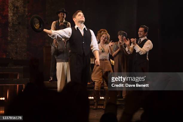 Jeremy Jordan bows onstage at the curtain call during a concert performance of "Bonnie & Clyde: The Musical" at the Theatre Royal Drury Lane on...