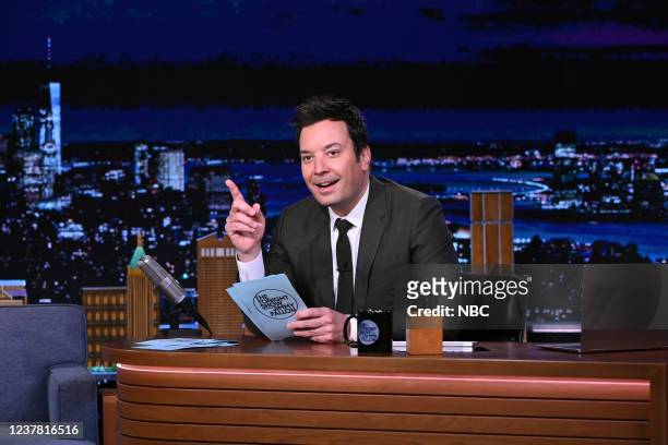 Episode 1586 -- Pictured: Host Jimmy Fallon during Hashtags on Tuesday, January 18, 2022 --