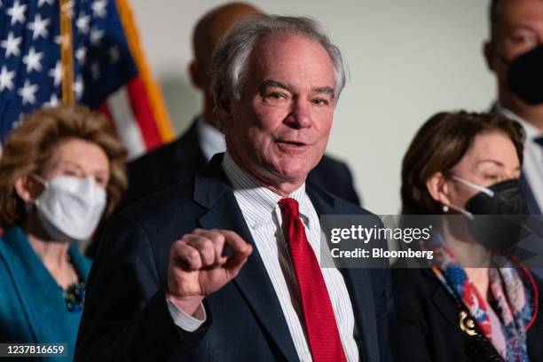 Senator Tim Kaine, a Democrat from Virginia, speaks during a news conference at the Hart Senate Office Building in Washington, D.C., U.S., on...