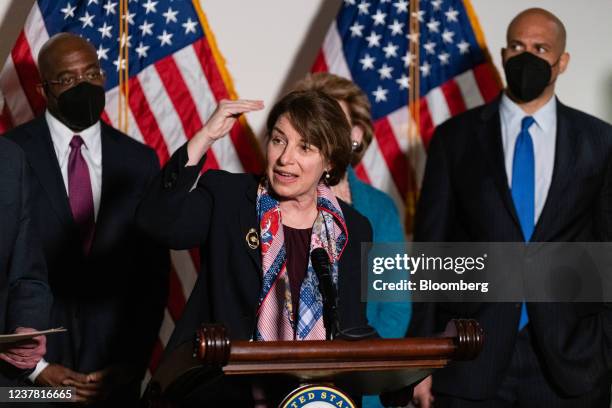 Senator Amy Klobuchar, a Democrat from Minnesota, speaks during a news conference at the Hart Senate Office Building in Washington, D.C., U.S., on...