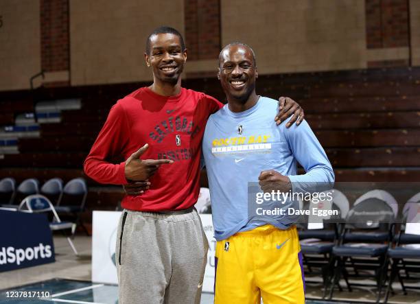 January 18: Sioux Falls Skyforce assistant coach Renaldo Major, left, poses for a photo with Andre Ingram of the South Bay Lakers at the Sanford...