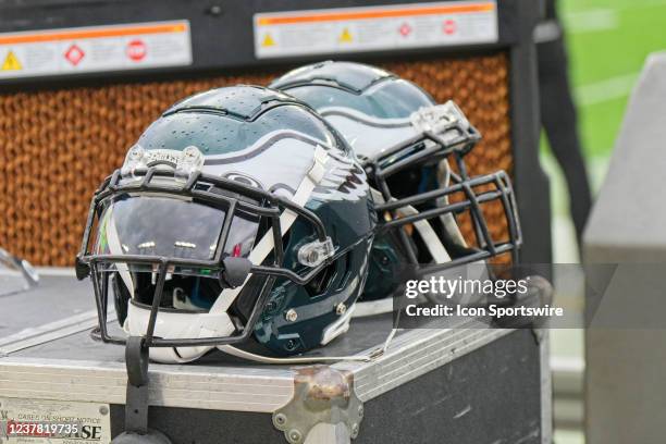 Philadelphia Eagles helmets sit on a cart during the game between the Philadelphia Eagles and the Tampa Bay Buccaneers on January 16, 2022 at Raymond...