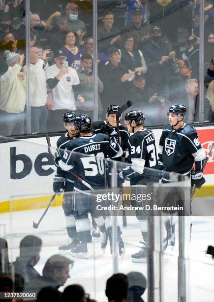 Arthur Kaliyev of the Los Angeles Kings celebrates his goal with teammates during the second period against the Tampa Bay Lightning at Crypto.com...