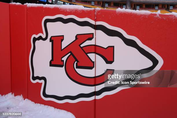 View of a snowy Chiefs logo before an AFC wild card playoff game between the Pittsburgh Steelers and Kansas City Chiefs on Jan 16, 2022 at GEHA Field...