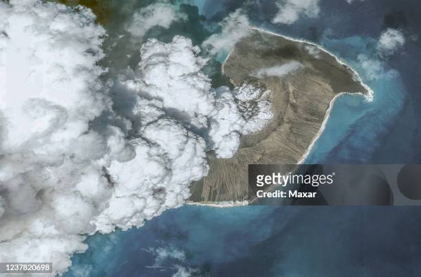 In this image 2. Of a series created on January 19 Maxar overview satellite imagery shows the Hunga Tonga-Hunga Ha'apai volcano on December 24 before...
