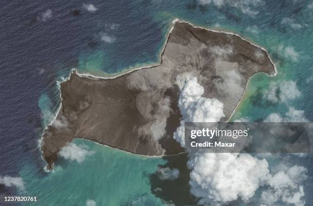 In this image 3. Of a series created on January 19 Maxar overview satellite imagery shows the Hunga Tonga-Hunga Ha'apai volcano on January 6 before...