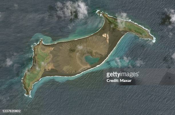 In this image 1. Of a series created on January 19 Maxar overview satellite imagery shows the Hunga Tonga-Hunga Ha'apai volcano on December 12 before...
