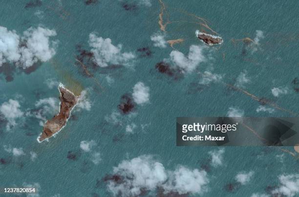 In this image 4. Of a series created on January 19 Maxar overview satellite imagery shows the Hunga Tonga-Hunga Ha'apai volcano on January 17 after...