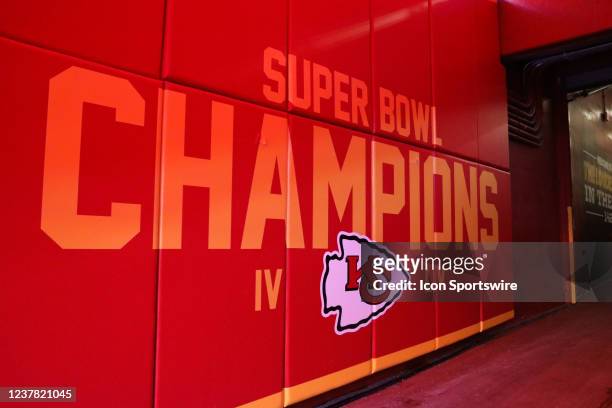 View the Super Bowl Champions logo on the tunnel before an AFC wild card playoff game between the Pittsburgh Steelers and Kansas City Chiefs on Jan...