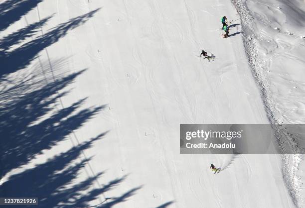 People are seen in the Bukovel ski resort near the village of Palyanytsya, Ivano-Frankivsk Region, Ukraine on January 15, 2022.