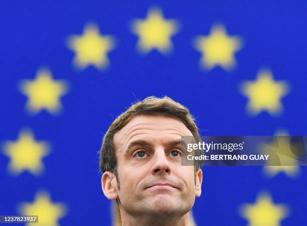 France's President Emmanuel Macron addresses a plenary session at the European Parliament to present the programme of activities of the French...