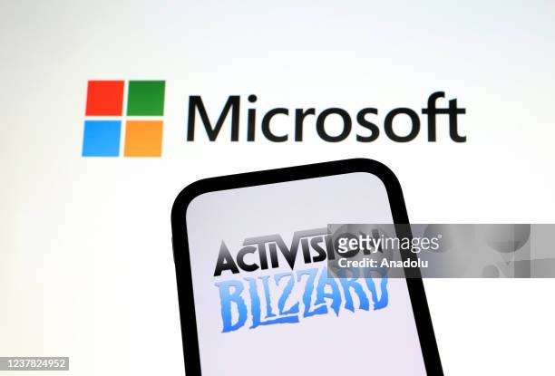 In this photo illustration, the logos of Microsoft and Activision Blizzard are displayed in Ankara, Turkiye on January 18, 2022.