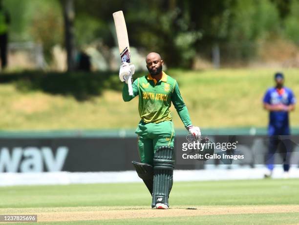 Temba Bavuma of South Africa celebrate scoring a century during the 1st Betway One Day International match between South Africa and India at Eurolux...