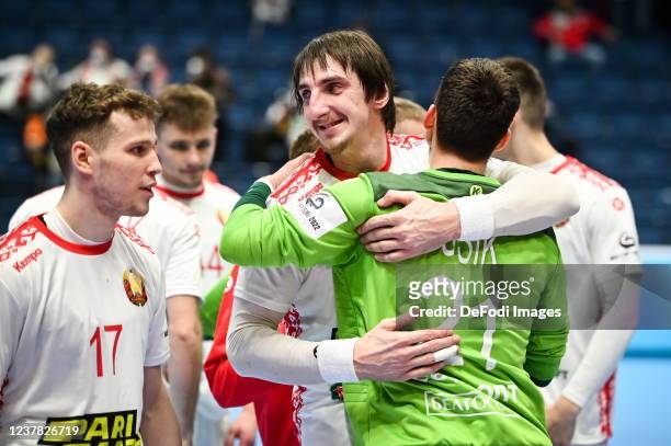 Viktar Zautsau of Belarus and Ilya Usik of Belarus during the Men's EHF EURO 2022 Group D match between Belarus and Austria at Ondrej Nepela Arena on...