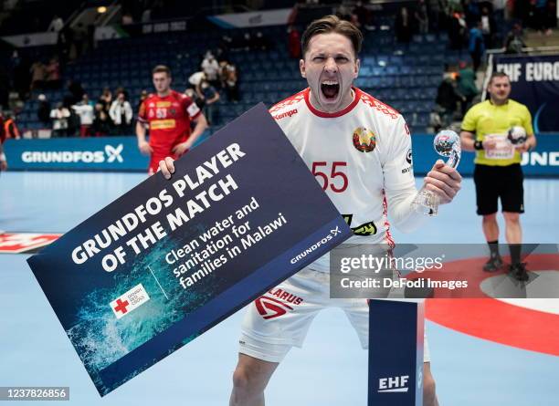 Mikita Vailupau of Belarus during the Men's EHF EURO 2022 Group D match between Belarus and Austria at Ondrej Nepela Arena on January 18, 2022 in...