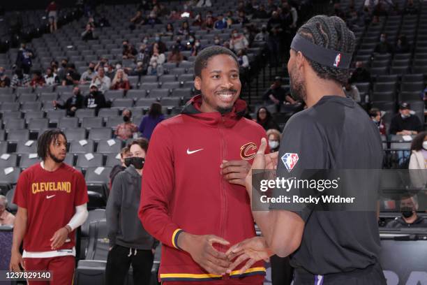 Ed Davis of the Cleveland Cavaliers talks to Maurice Harkless of the Sacramento Kings on January 10, 2022 at Golden 1 Center in Sacramento,...