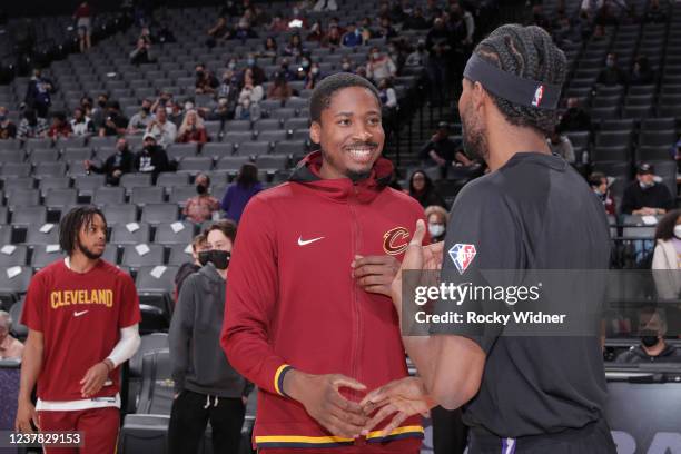 Ed Davis of the Cleveland Cavaliers talks to Maurice Harkless of the Sacramento Kings on January 10, 2022 at Golden 1 Center in Sacramento,...