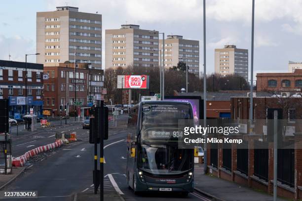 View along the A34 towards housing estate tower blocks in Lozells and East Handsworth from Newtown near the city centre on 5th January 2022 in...