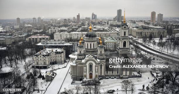 This photograph taken on January 19, 2022 shows the 'Spaso-Preobrazhensky' Cathedral in Donetsk, the capital of a self-proclaimed Donetsk People's...