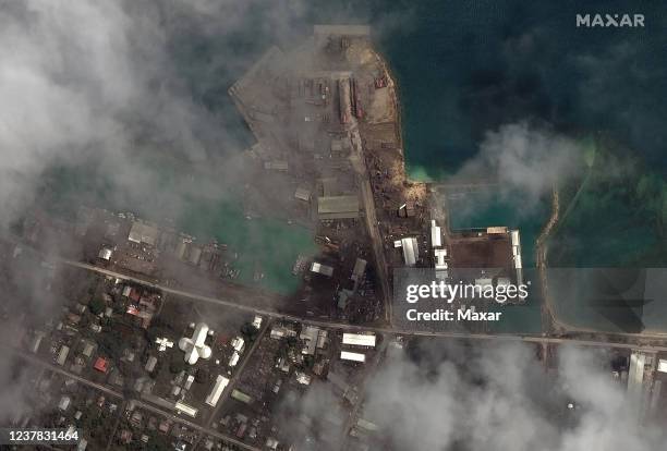 Maxar satellite imagery shows the main port facilities on January 18 after the Hunga Tonga-Hunga Ha'apai volcano eruption and following tsunami on...