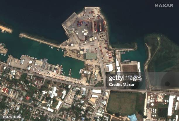 Maxar satellite imagery shows the main port facilities on December 29 before the Hunga Tonga-Hunga Ha'apai volcano eruption on January 14th , 2022 in...