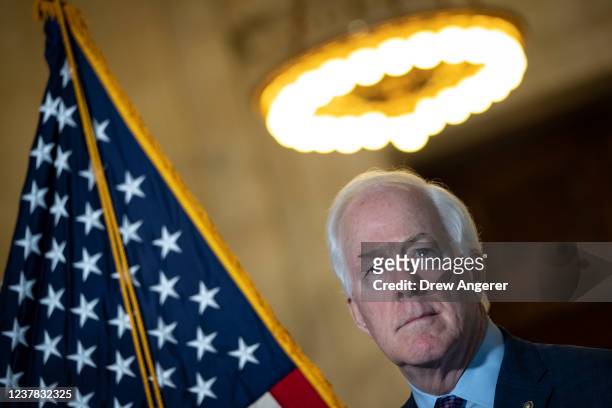 Sen. John Cornyn attends a news conference to urge support for Ukraine against Russian aggression, on Capitol Hill January 19, 2022 in Washington,...