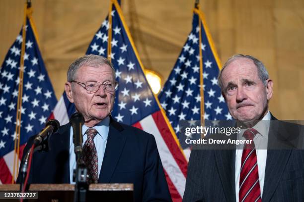 Sen. James Inhofe Sen. James Risch speak during a news conference to urge support for Ukraine against Russian aggression, on Capitol Hill January 19,...