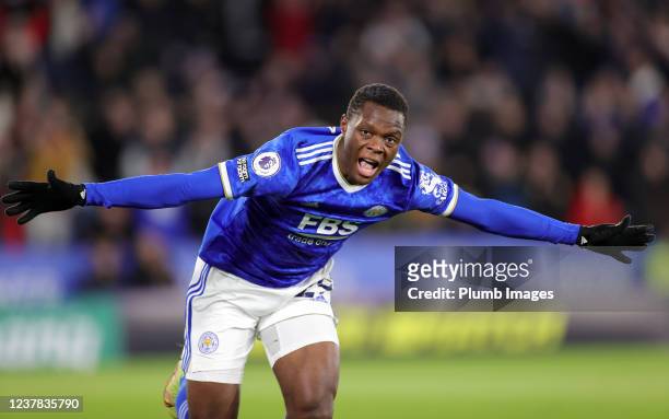 Patson Daka of Leicester City celebrates after scoring the opening goal during the Premier League match between Leicester City and Tottenham Hotspur...