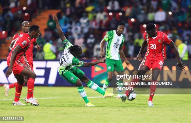 Nigeria's forward Moses Simon kicks the ball during the Group D Africa Cup of Nations 2021 football match between Guinea-Bissau and Nigeria at Stade...