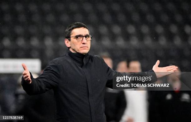 Hertha Berlin's head coach Tayfun Korkut reacts after the German Cup DFB round of 16 football match between Hertha Berlin and Union Berlin at the...