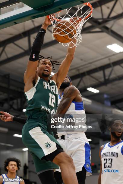 Javin DeLaurier of the Wisconsin Herd dunks the ball against the Lakeland Magic during an NBA G-League game on January 19, 2022 at the Oshkosh Arena...