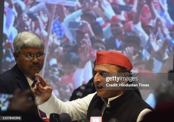 Samajwadi Party chief Akhilesh Yadav during a press conference at party office on January 19, 2022 in Lucknow, India.