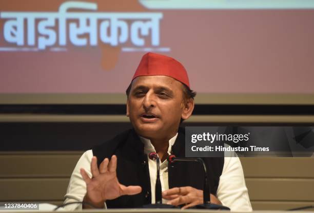 Samajwadi Party chief Akhilesh Yadav during a press conference at party office on January 19, 2022 in Lucknow, India.