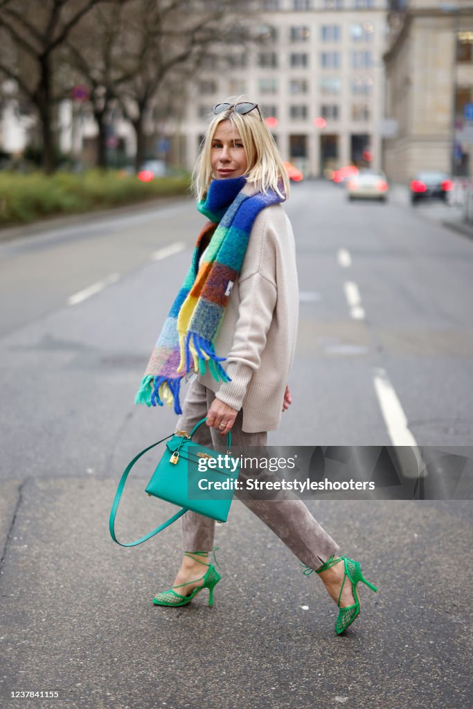 Simone Adams Singer Influencer Simone Adams wearing a multicolored scarf by Acne Studios ...