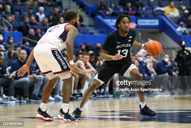 Butler Bulldogs guard Jayden Taylor and UConn Huskies guard R.J. Cole in action during the college basketball game between Butler Bulldogs and UConn...
