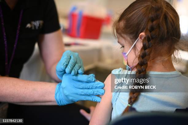 Nurse administers a pediatric dose of the Covid-19 vaccine to a girl at a L.A. Care Health Plan vaccination clinic at Los Angeles Mission College in...