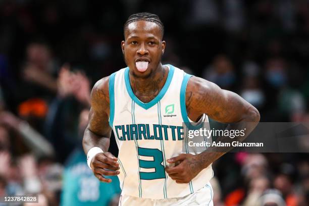 Terry Rozier of the Charlotte Hornets reacts after hitting a three-point shot during a game against the Boston Celtics at TD Garden on January 19,...