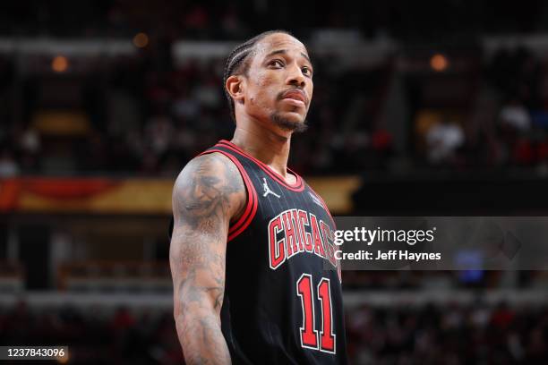 DeMar DeRozan of the Chicago Bulls looks on during the game against the Cleveland Cavaliers on January 19, 2022 at United Center in Chicago,...