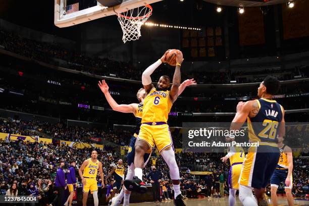 LeBron James of the Los Angeles Lakers records his 10,000th rebound during the game against the Indiana Pacers on January 19, 2022 at Crypto.Com...