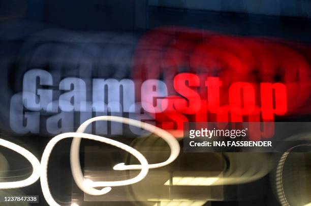 The logo of video game retailer GameStop is seen at a shop in Duesseldorf, western Germany on January 19, 2022.