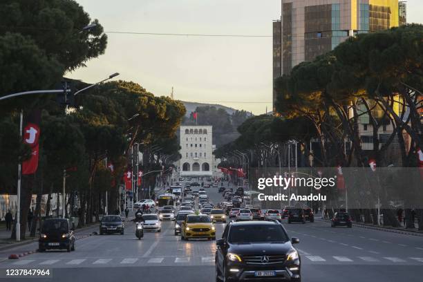 Traffic jam in front of the Polytechnic University of Tirana in Tirana, Albania on January 17, 2022.